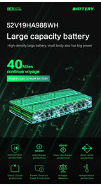 Ride & Spin Co. 52V19HA988WH large capacity lithium battery for electric scooters, offering 40 miles range with multiple protection features.