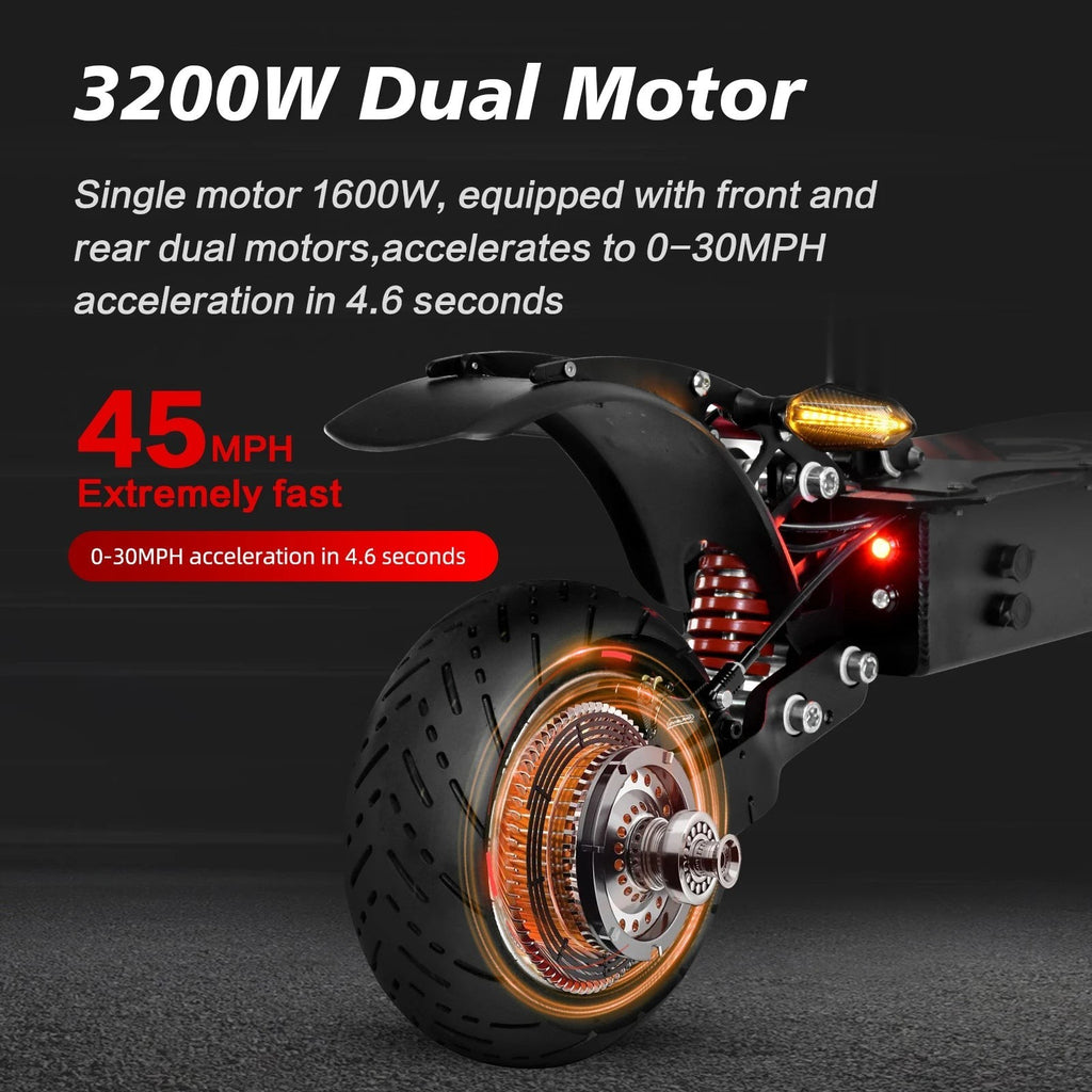 Ride & Spin Co. black foldable electric scooter with 3200W dual motor, 10-inch tires, and 45 MPH top speed.