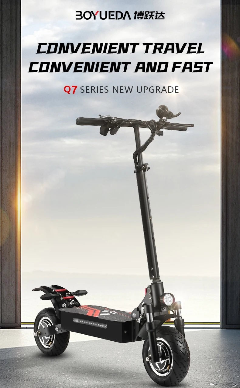 Ride & Spin Co. black foldable electric scooter with dual 3200W motors, 10-inch tires, and hydraulic disc brakes.