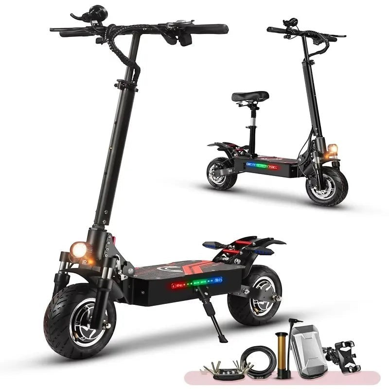 Ride & Spin Co. black foldable electric scooter with dual 3200W motors, 10-inch tires, and LED deck lights.