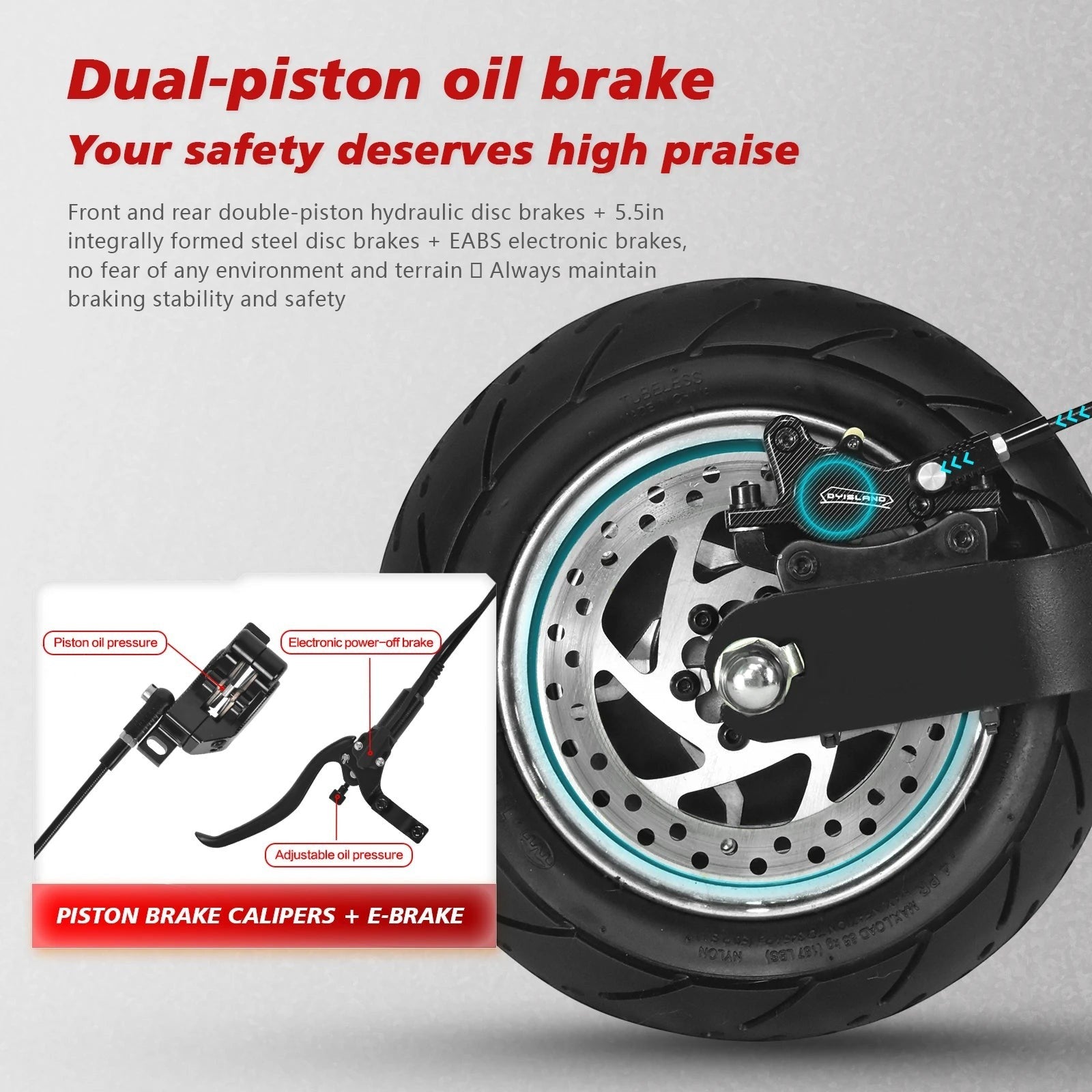 Ride & Spin Co. electric scooter rear wheel with dual-piston hydraulic disc brake and E-ABS electronic brake system.